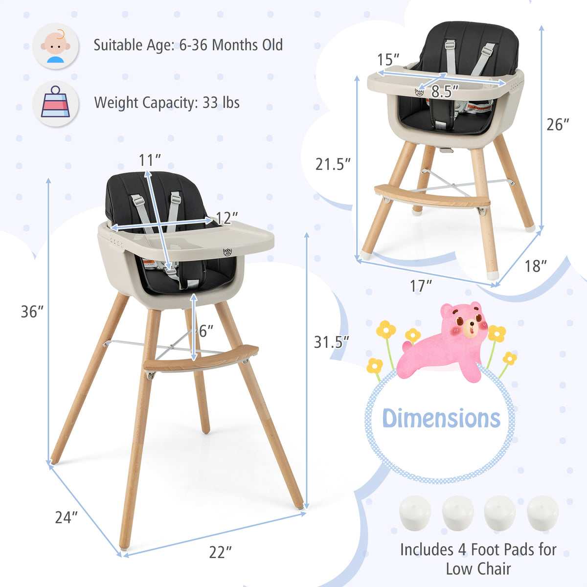 3-in-1 Wooden High Chair with Cushion - Convertible Baby Feeding Seat, Black - Variation of High Chair+Feeding Chair+Toddler Seat