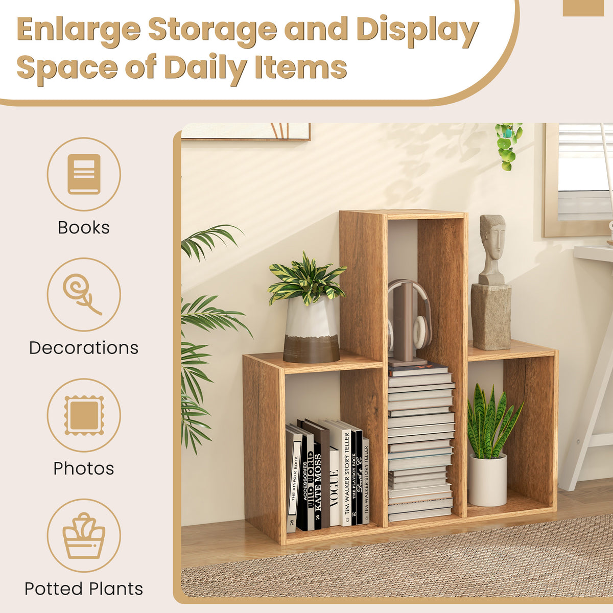 Convex Bookshelf 3-Shelf Open Bookcase Room Organizer with