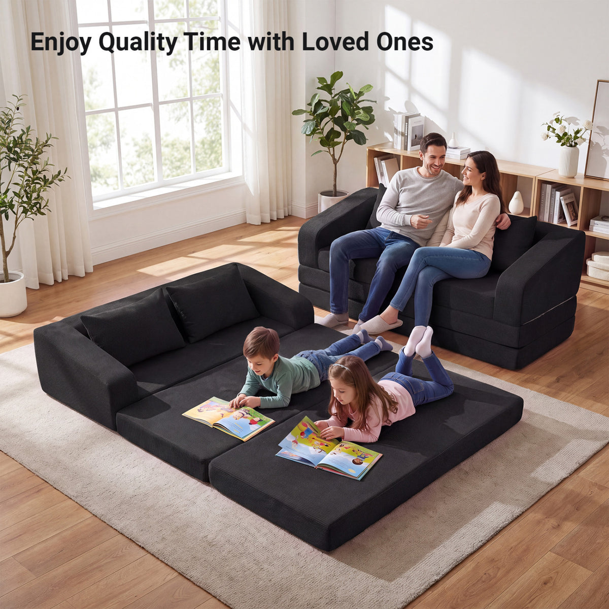 Corduroy Loveseat Sleeper Sofa with Back Cushions - Black