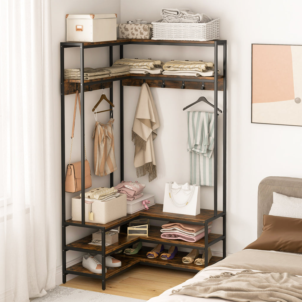 Corner Garment Rack with Shoe Bench & Shelves - Rustic Brown
