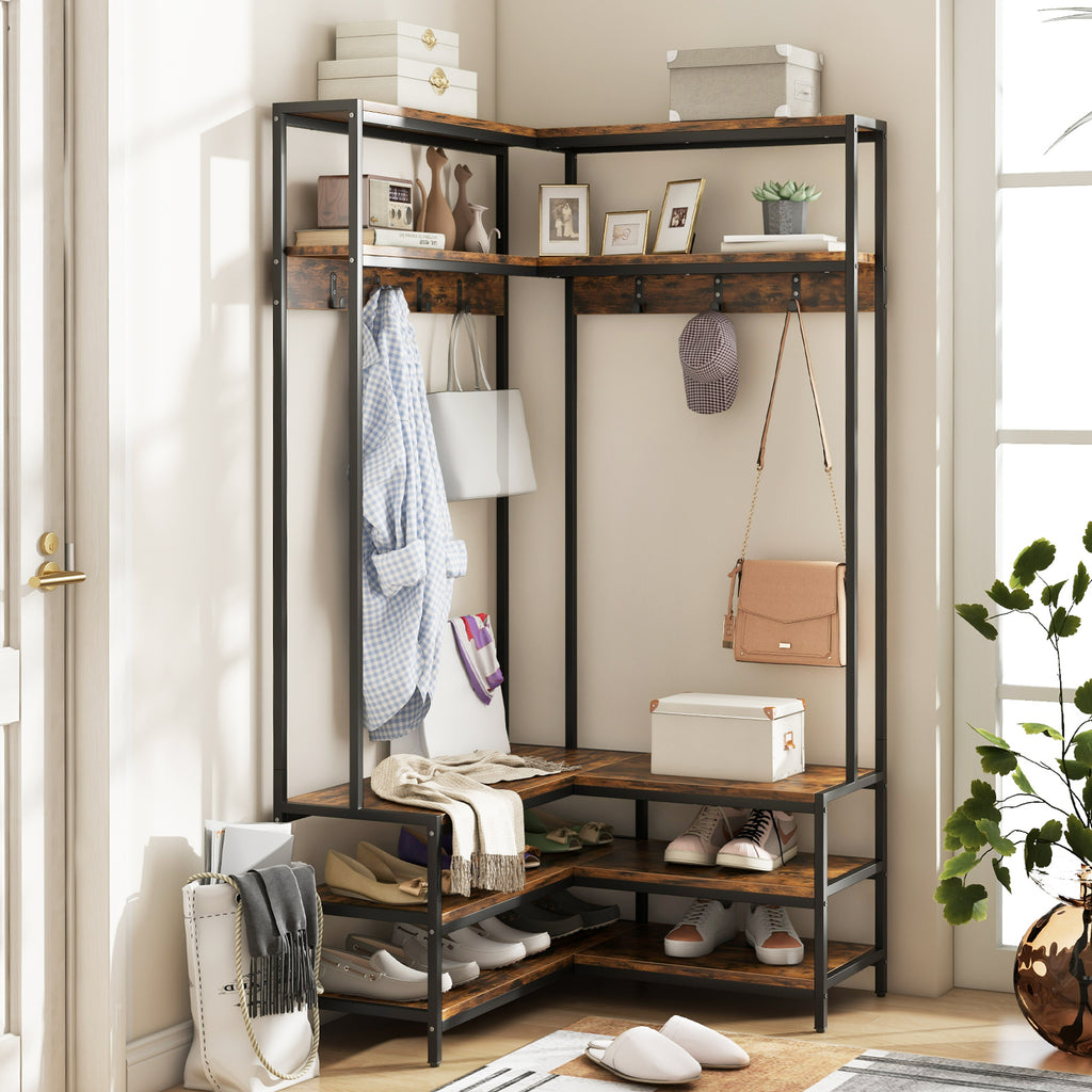 Corner Garment Rack with Shoe Bench & 7 Hooks - Rustic Brown