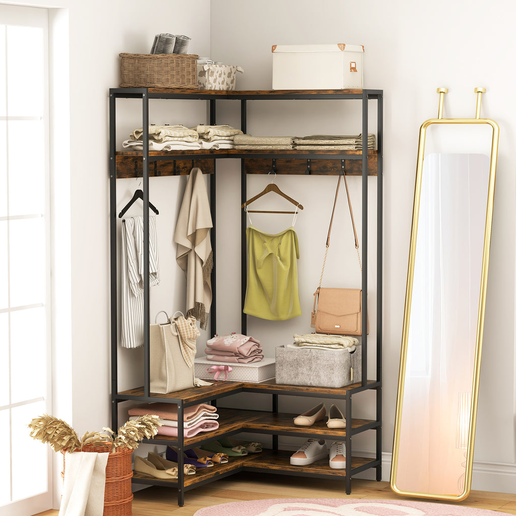 Corner Garment Rack with Shoe Bench & Shelves - Rustic Brown