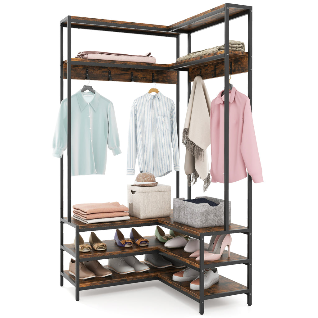Corner Garment Rack with Shoe Bench & 7 Hooks - Rustic Brown