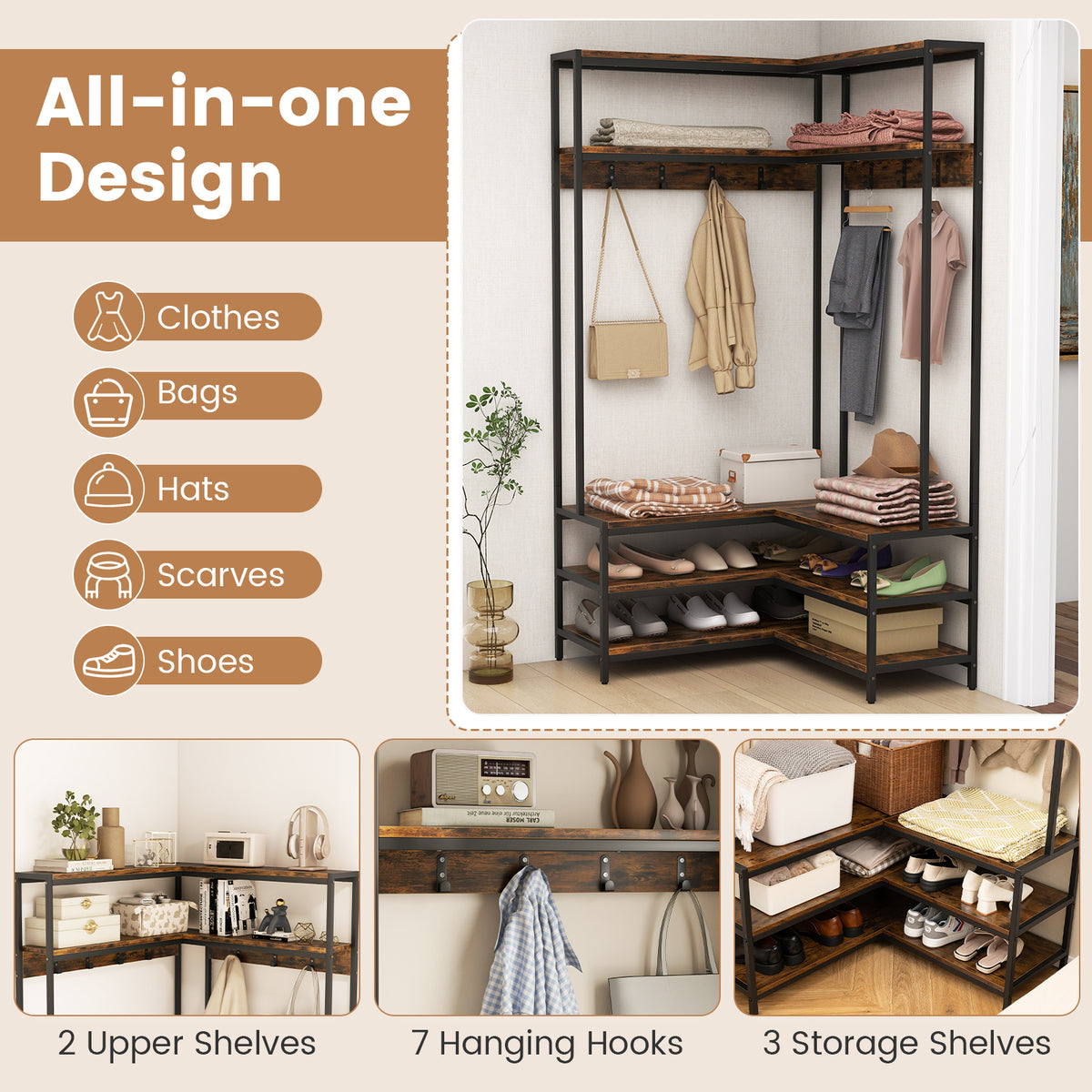 Corner Garment Rack with Shoe Bench & 7 Hooks - Rustic Brown