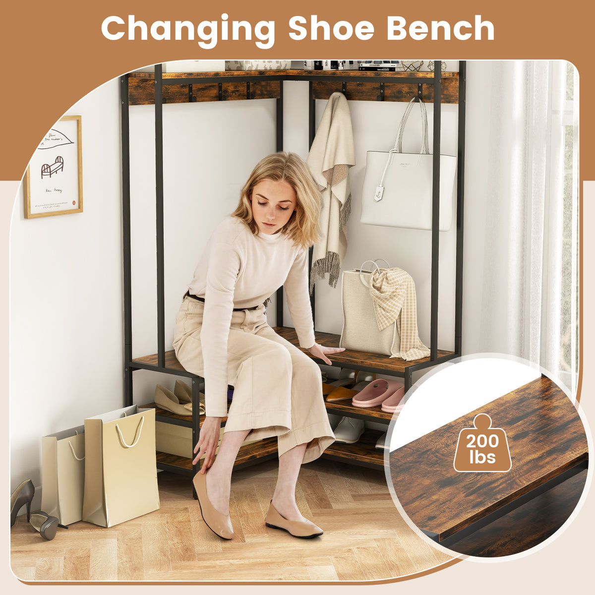 Corner Garment Rack with Shoe Bench & Shelves - Rustic Brown