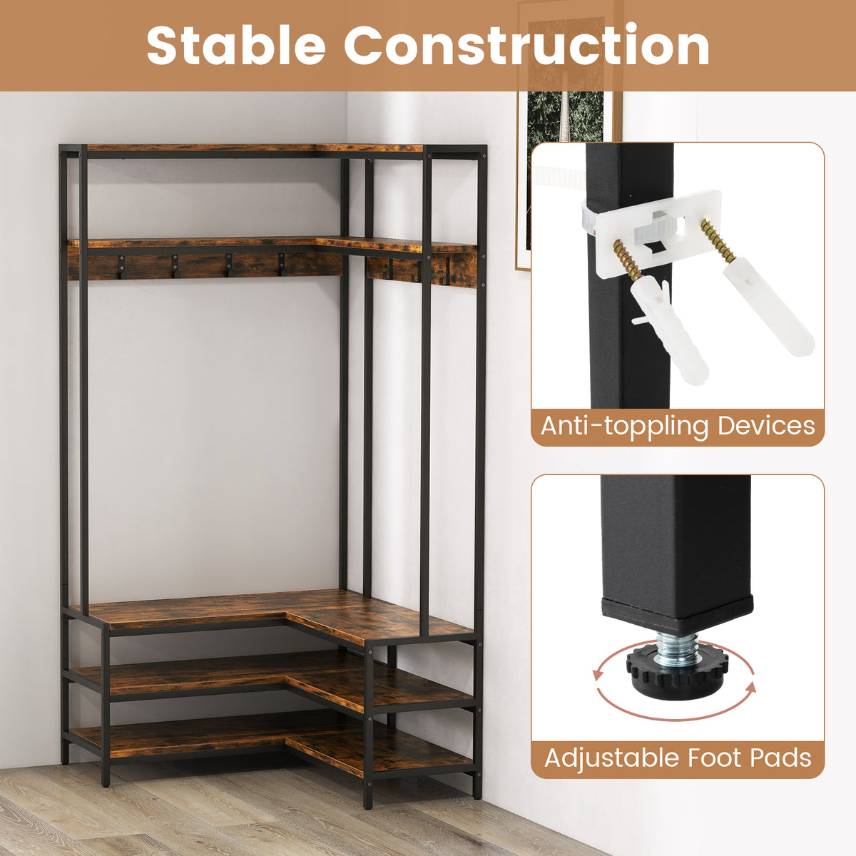 Corner Garment Rack with Shoe Bench & 7 Hooks - Rustic Brown