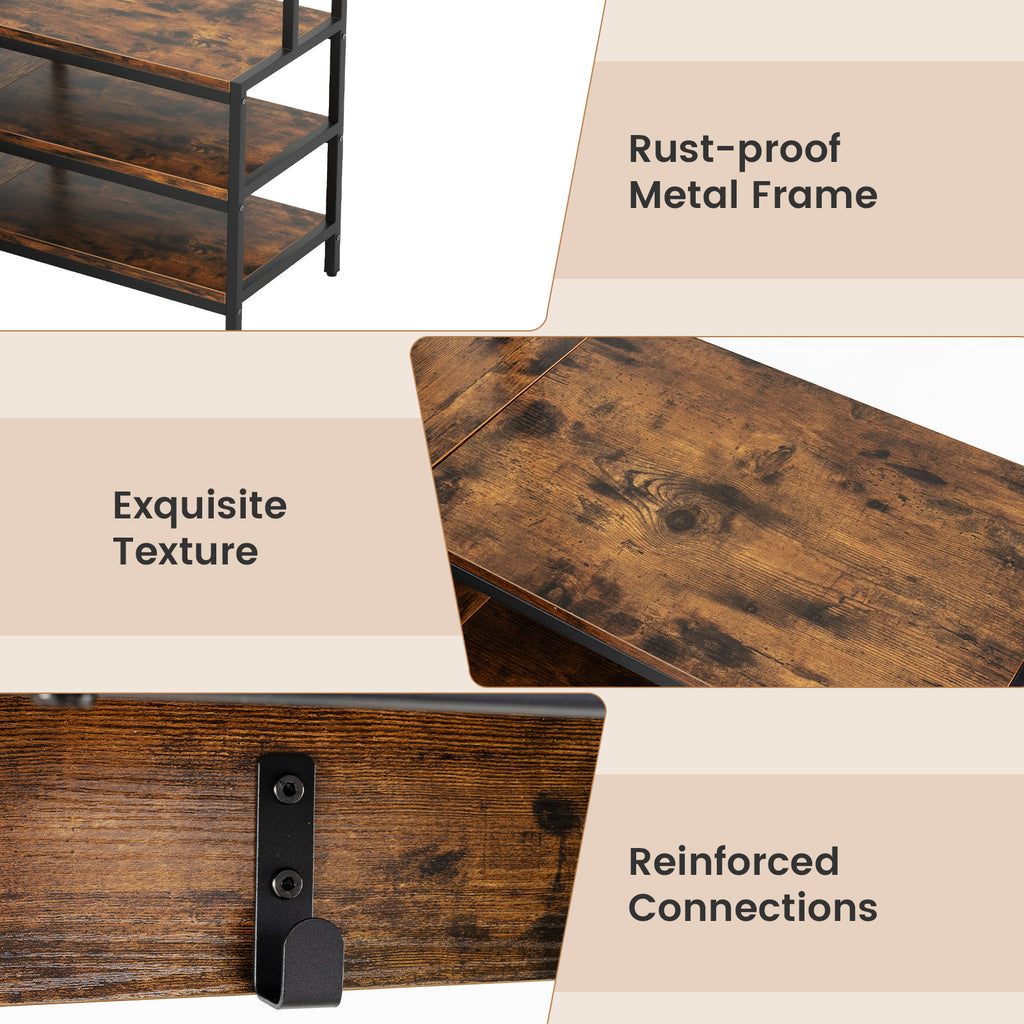Corner Garment Rack with Shoe Bench & Shelves - Rustic Brown
