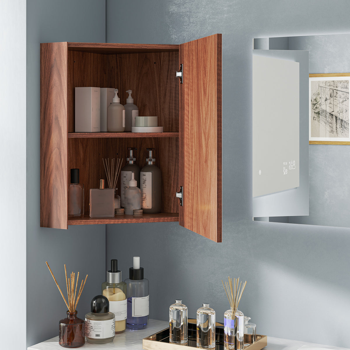 Corner Medicine Cabinet with Mirror Open Door and Adjustable Shelf