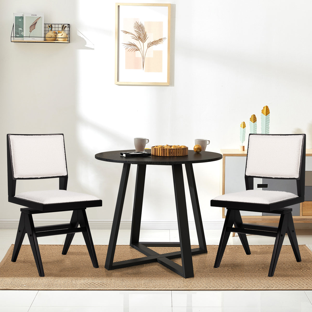 Swivel Dining Chair Set of 2 - Faux Sherpa, Black