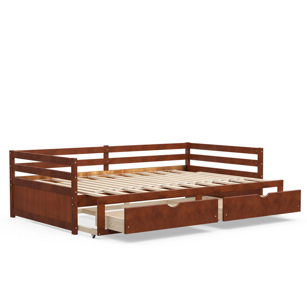 Wooden Twin to King Trundle Daybed with Storage Drawers, Brown