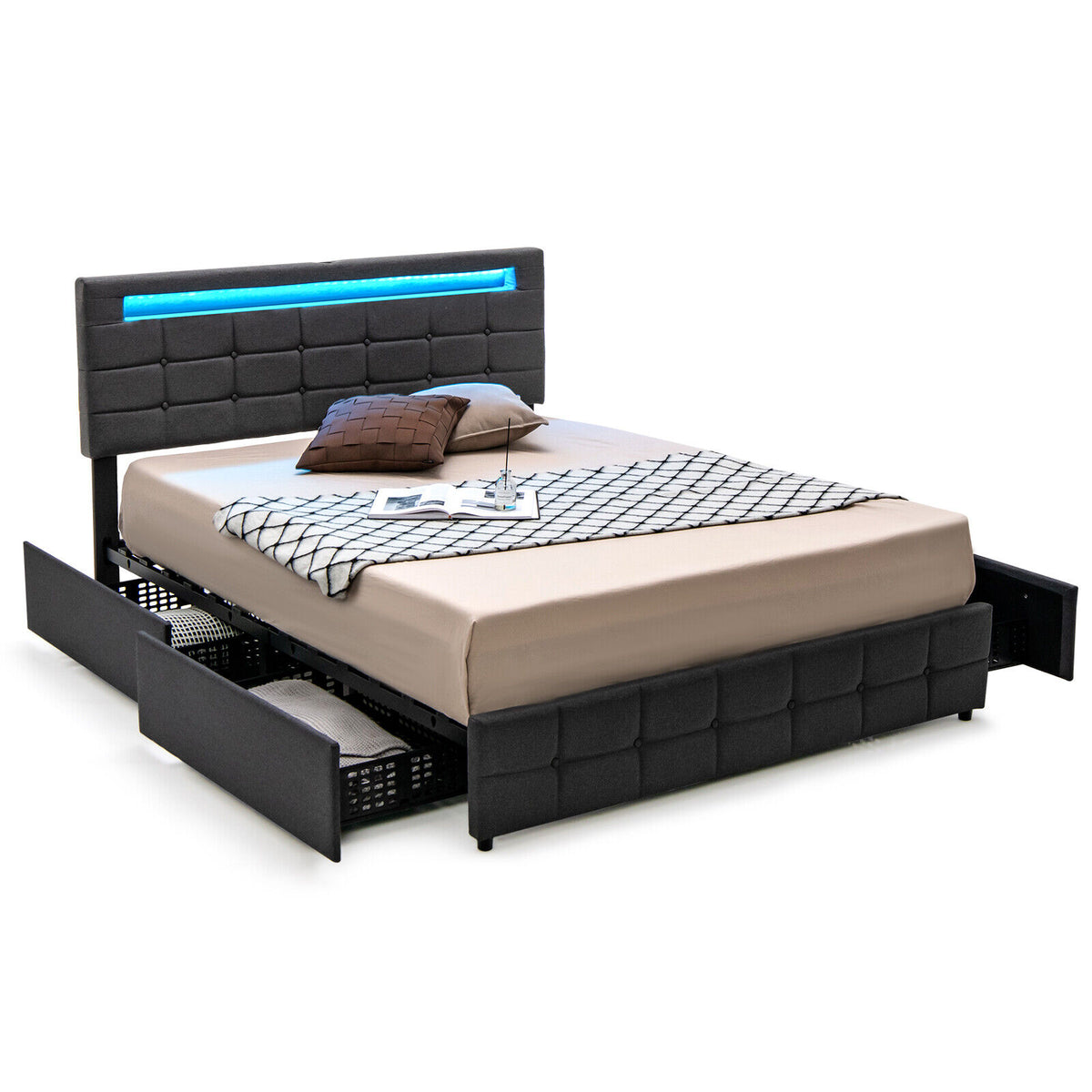 Twin Upholstered LED Bed Frame with Headboard & Drawers
