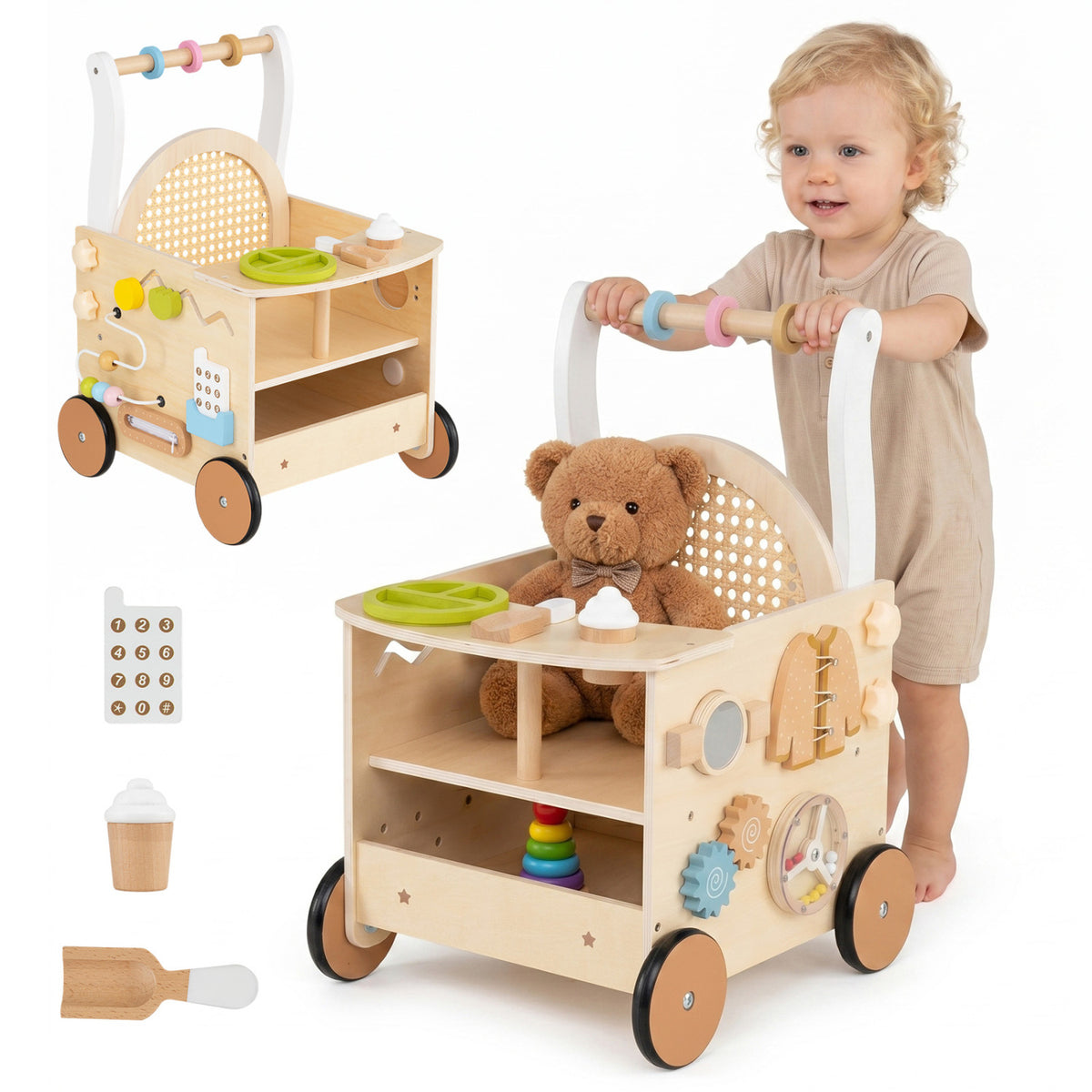 13-In-1 Toddler Wooden Push Walker with Wheels & Storage