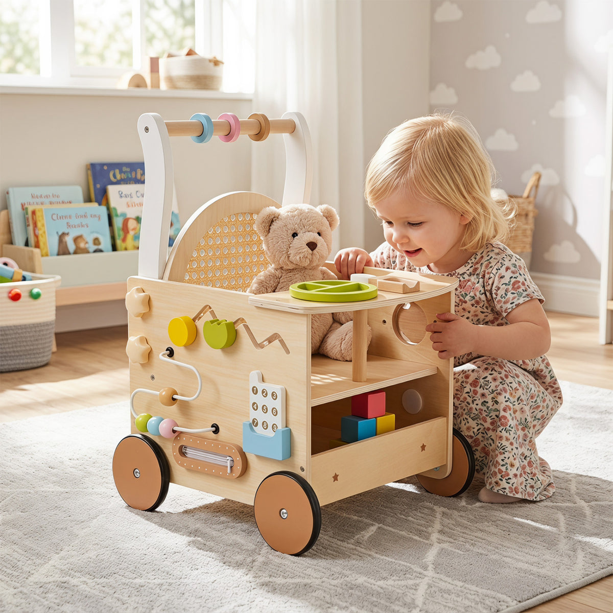 13-In-1 Toddler Wooden Push Walker with Wheels & Storage