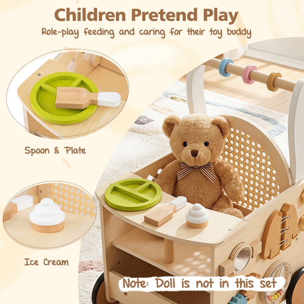 13-In-1 Toddler Wooden Push Walker with Wheels & Storage