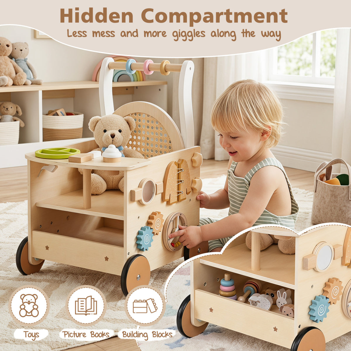 13-In-1 Toddler Wooden Push Walker with Wheels & Storage
