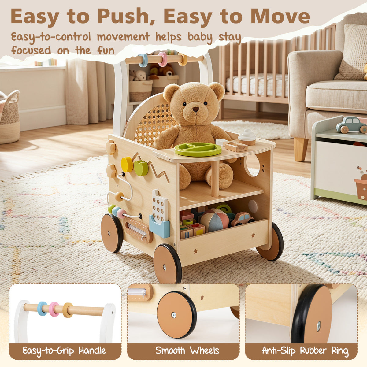 13-In-1 Toddler Wooden Push Walker with Wheels & Storage