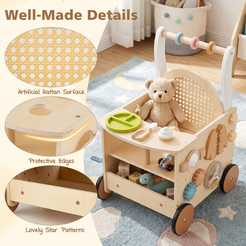 13-In-1 Toddler Wooden Push Walker with Wheels & Storage