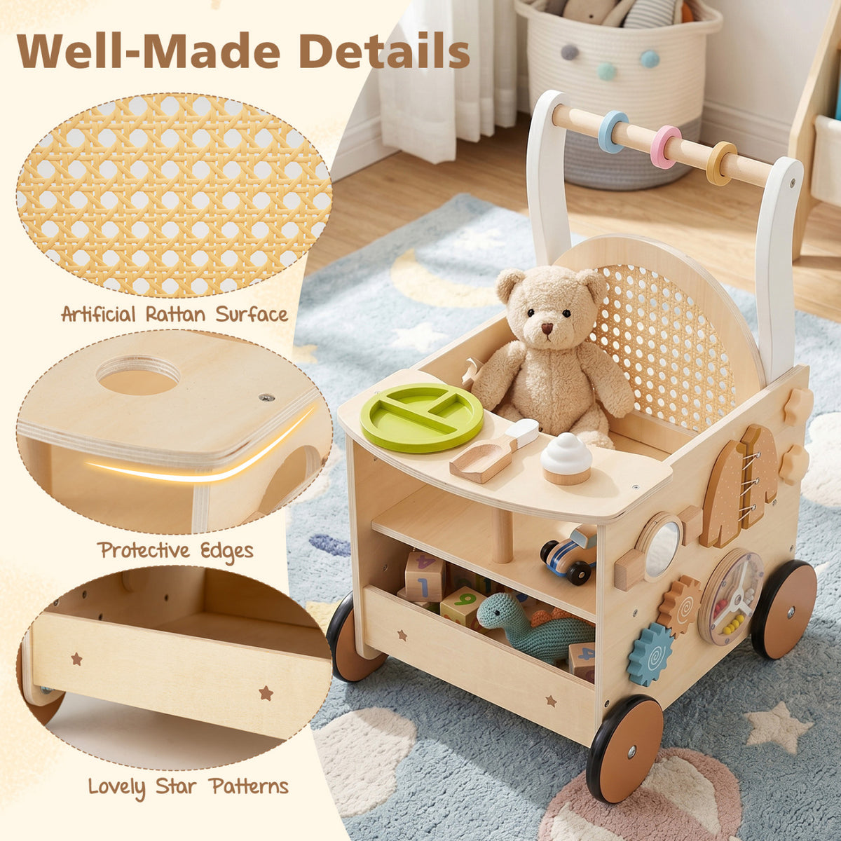 13-In-1 Toddler Wooden Push Walker with Wheels & Storage