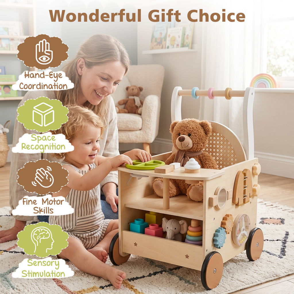 13-In-1 Toddler Wooden Push Walker with Wheels & Storage