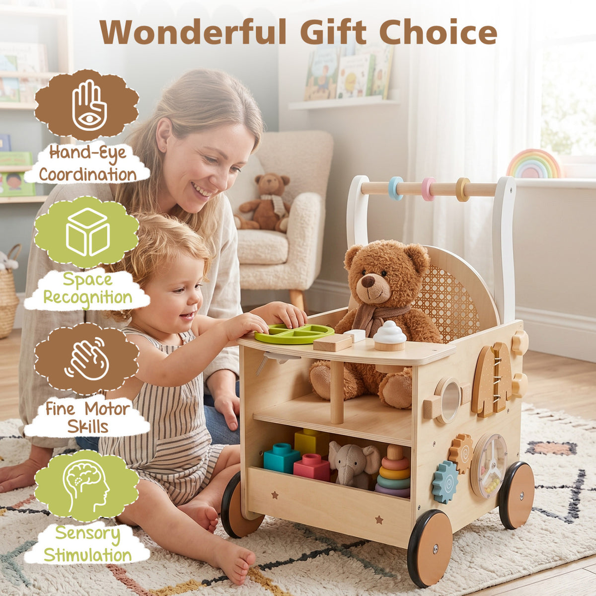 13-In-1 Toddler Wooden Push Walker with Wheels & Storage