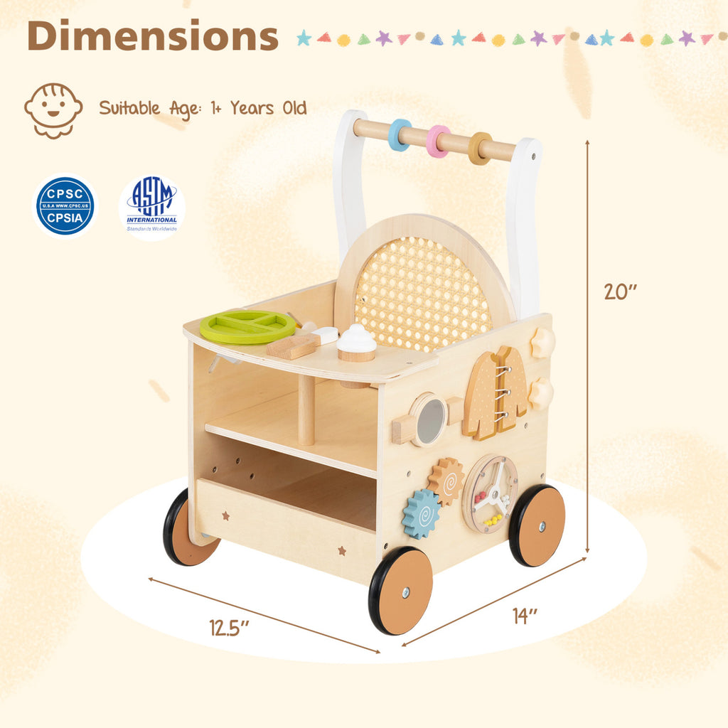 13-In-1 Toddler Wooden Push Walker with Wheels & Storage