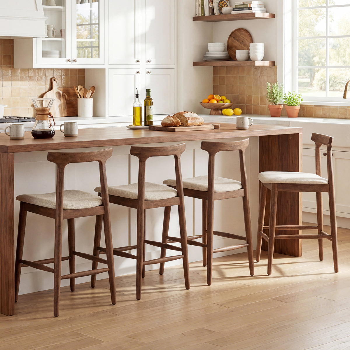 24-Inch Counter Height Bar Stools with Curved Back - Set of 2, Walnut