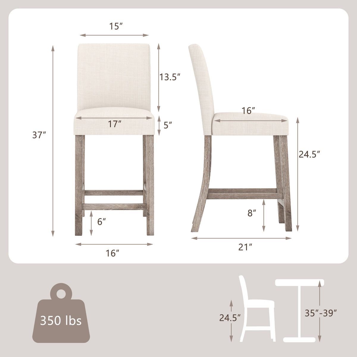 Counter Height Bar Stools Set of 2 with Back - Beige Linen