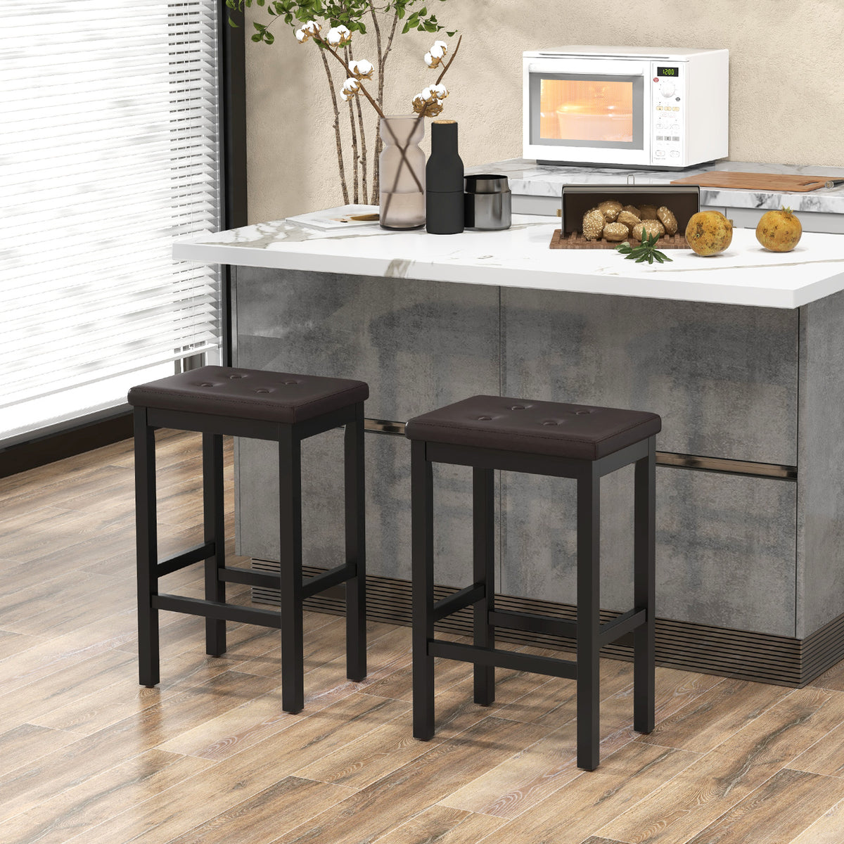24 Inch Bar Stools with Padded Seat & Footrest - Brown