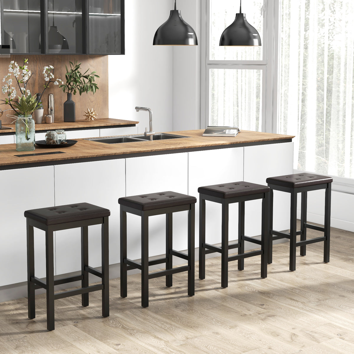 24 Inch Bar Stools with Padded Seat & Footrest - Brown
