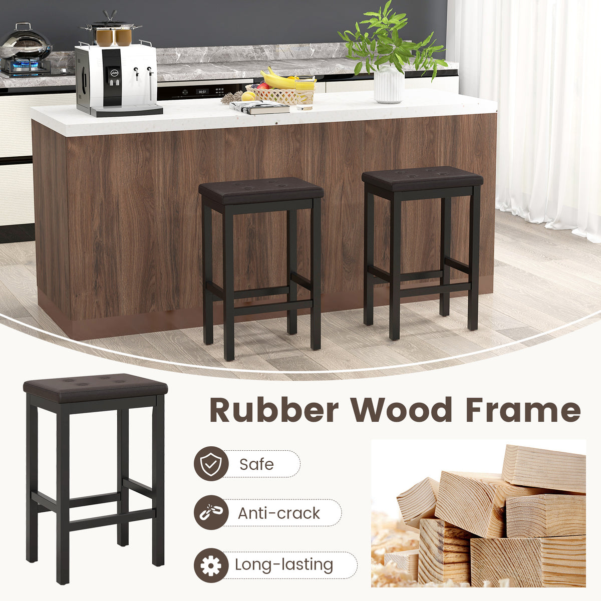 24 Inch Bar Stools with Padded Seat & Footrest - Brown