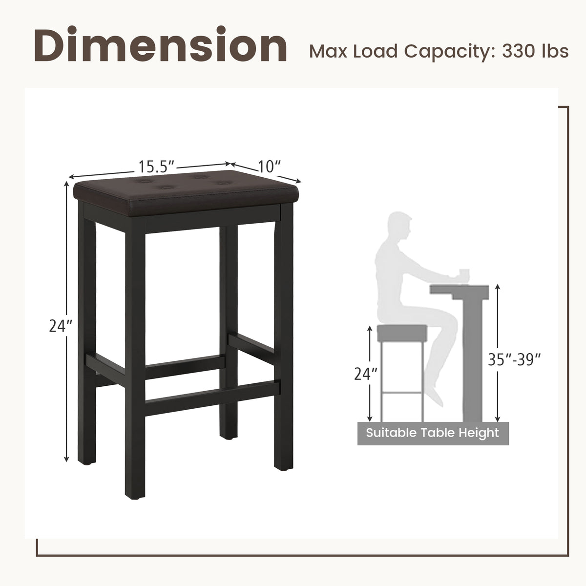 24 Inch Bar Stools with Padded Seat & Footrest - Brown
