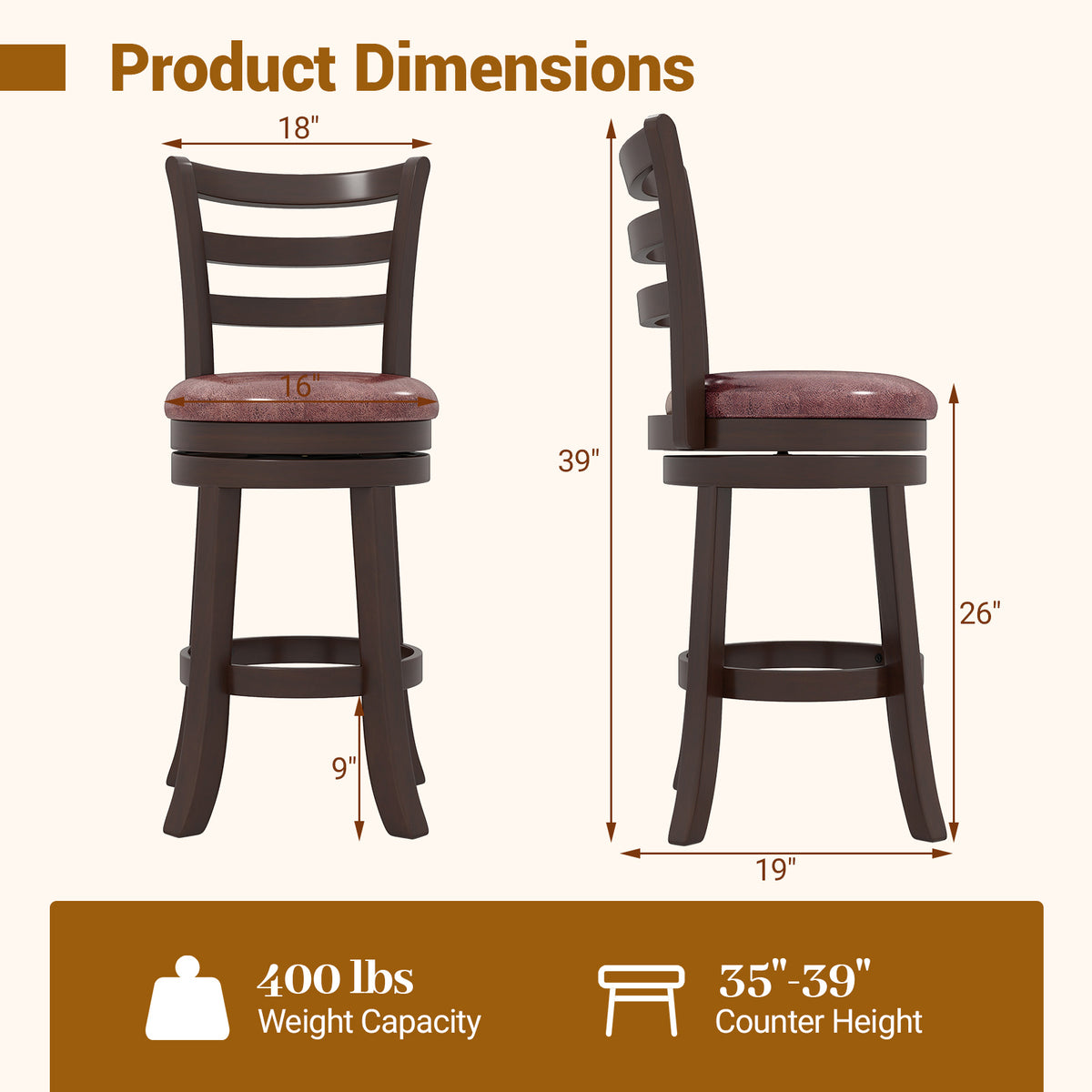 Counter Height Swivel Barstools Set of 2, Horizontal Slat Back, 24 inches