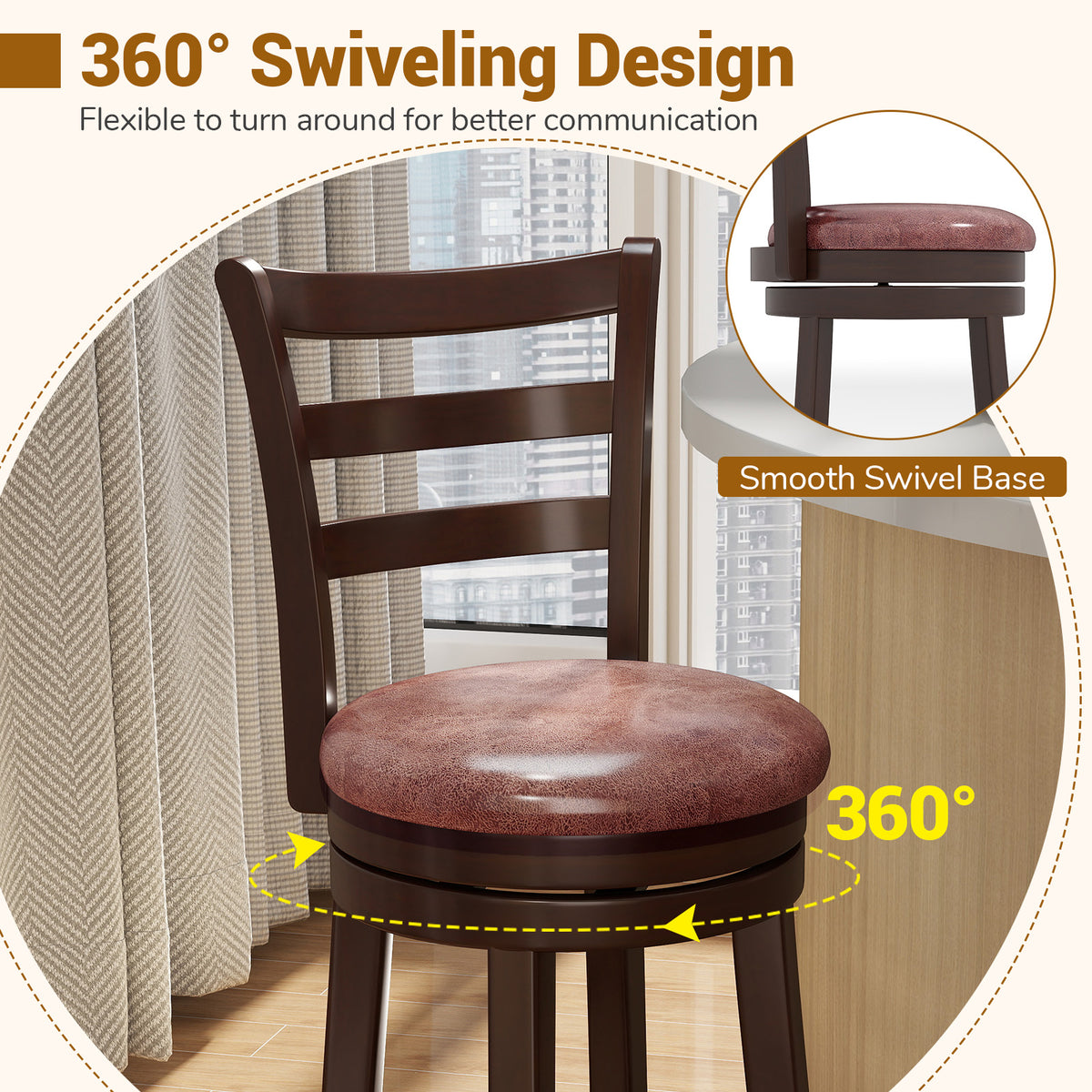 Counter Height Swivel Barstools Set of 2, Horizontal Slat Back, 24 inches