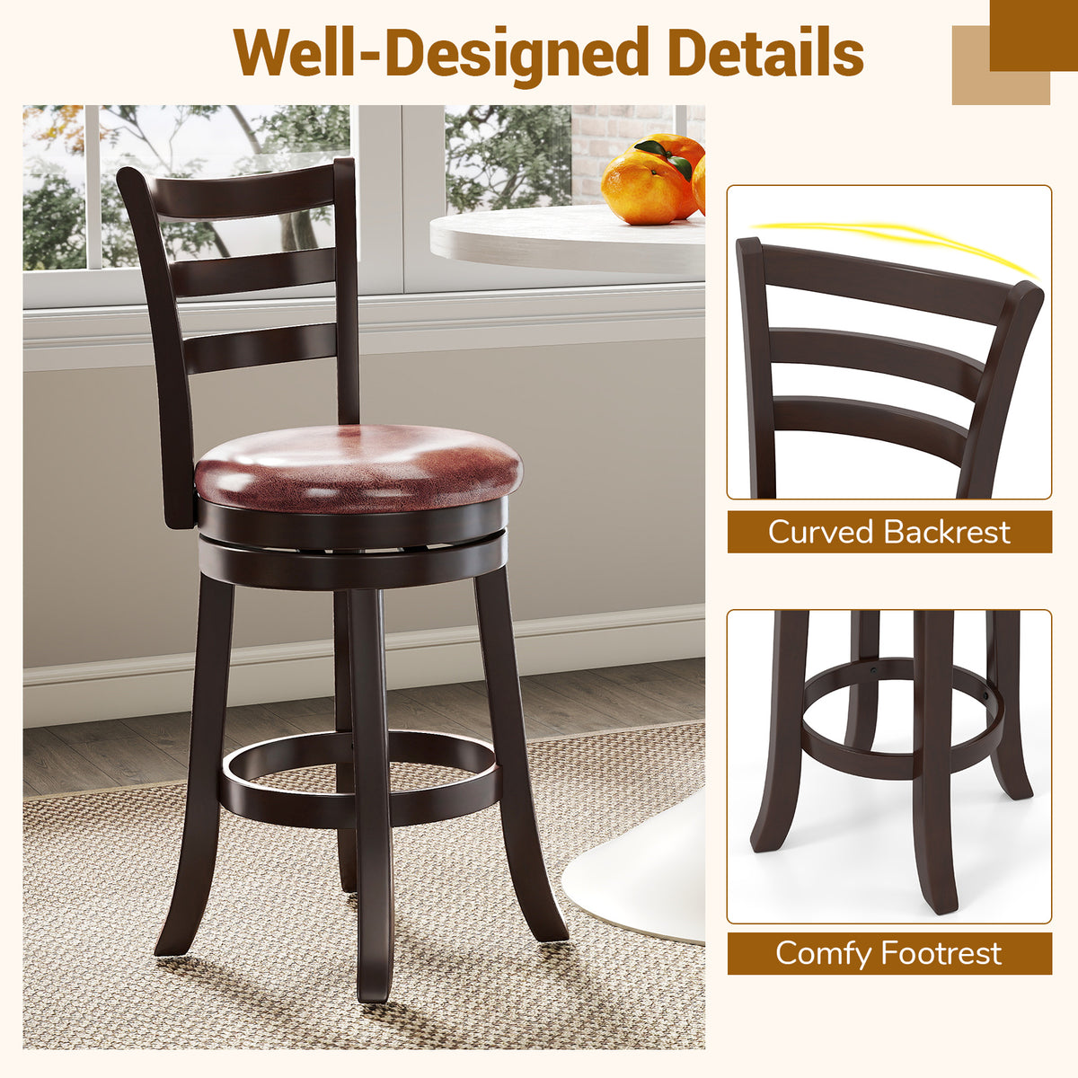 Counter Height Swivel Barstools Set of 2, Horizontal Slat Back, 24 inches