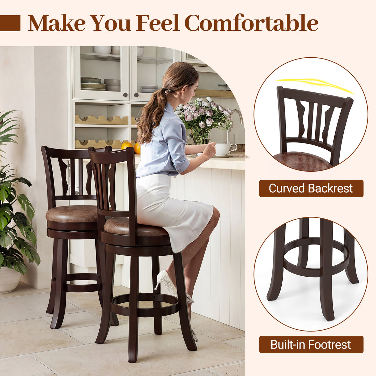 Counter Height Swivel Bar Stools Set of 2 - Abstract Pattern Back, 24"