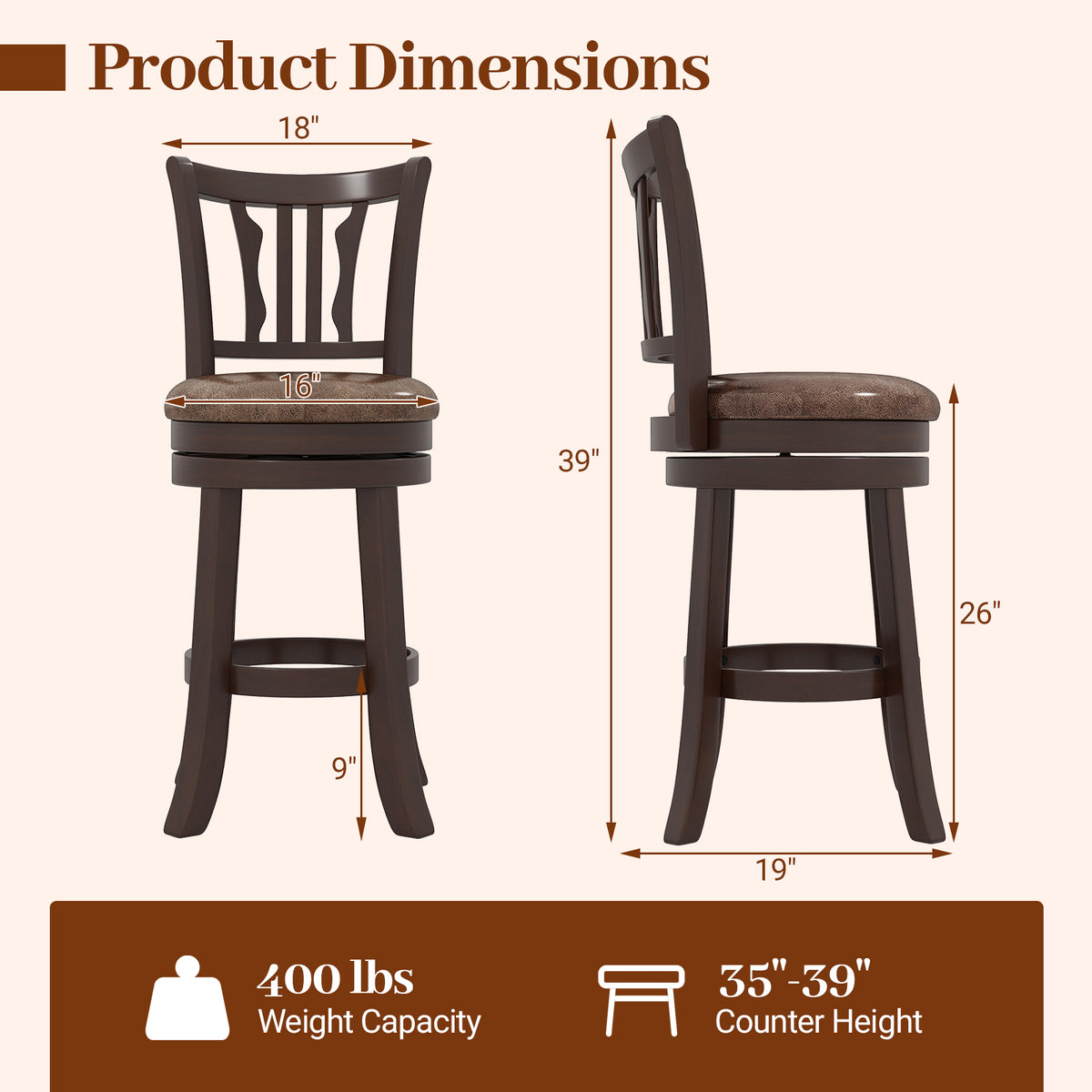 Counter Height Swivel Bar Stools Set of 2 - Abstract Pattern Back, 24"