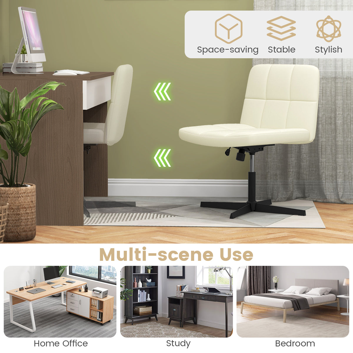 PU Leather Office Chair with Oversized Seat, Beige Cross Base