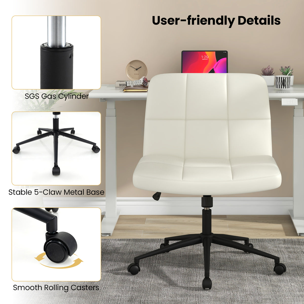Height-adjustable Armless Desk Chair with Wheels for Home Office Make