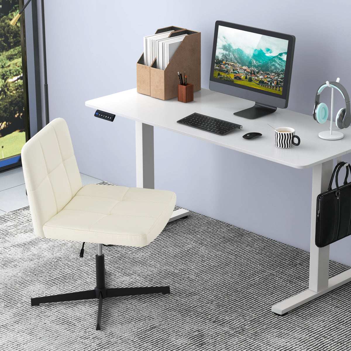 PU Leather Office Chair with Oversized Seat, Beige Cross Base