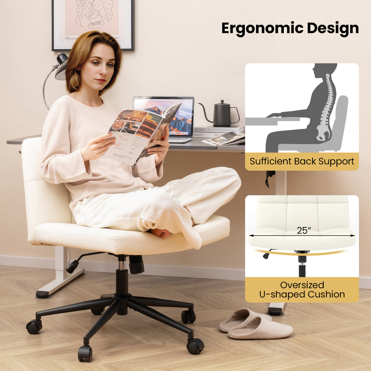 Height-adjustable Armless Desk Chair with Wheels for Home Office Make
