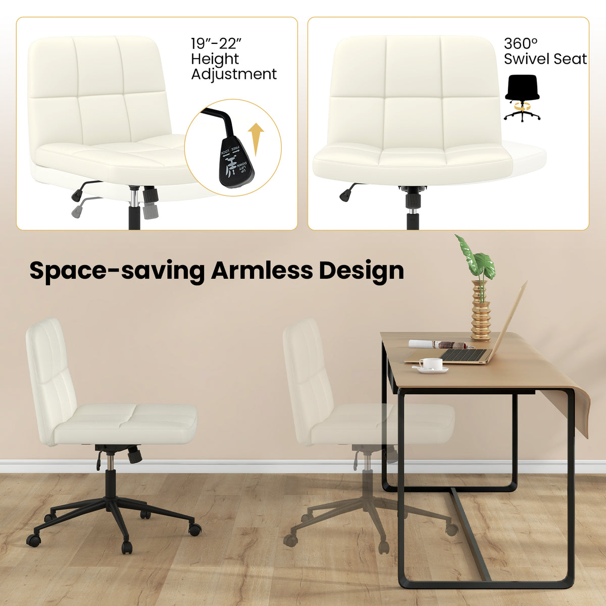 Height-adjustable Armless Desk Chair with Wheels for Home Office Make