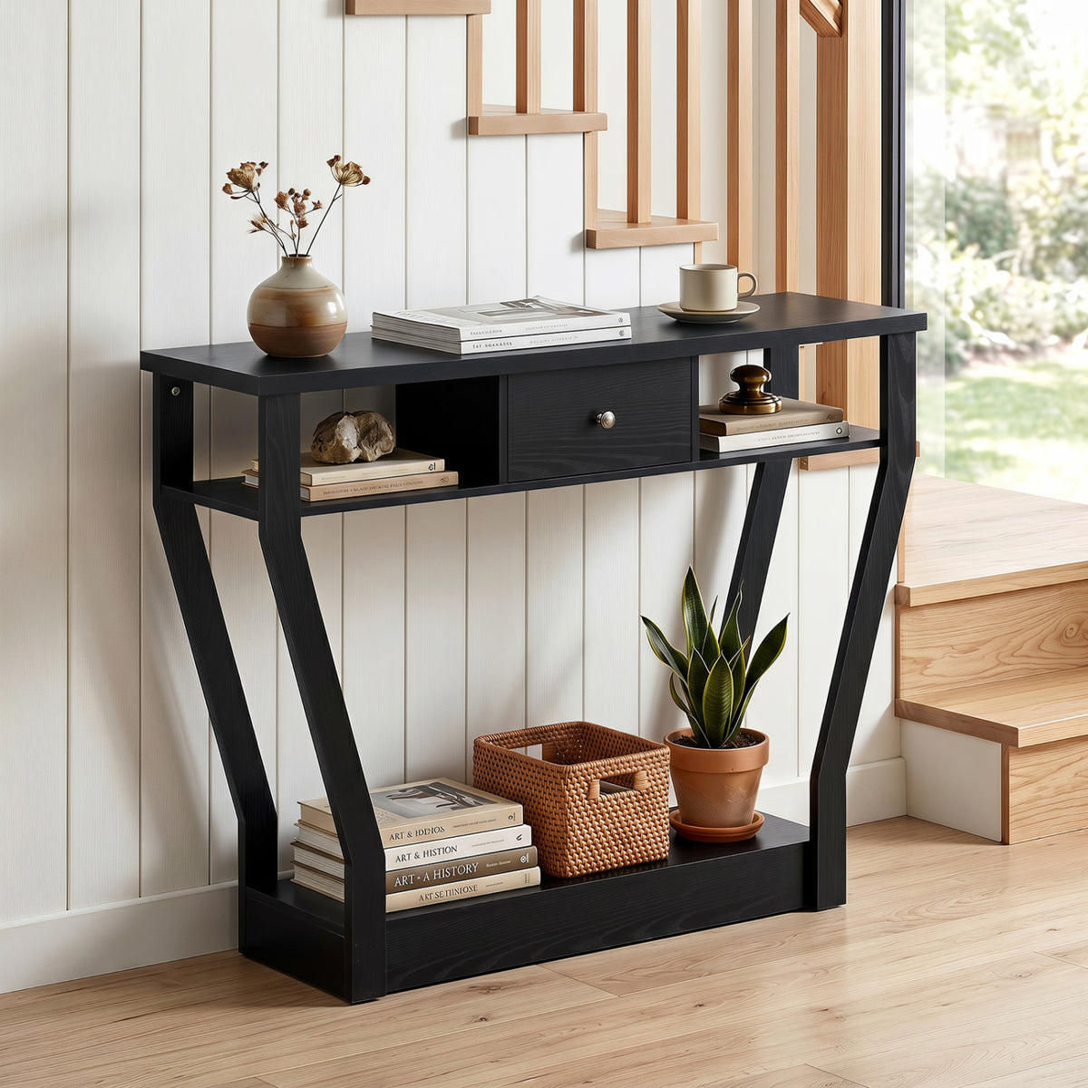 Console Hall Table with Storage Drawer and Shelf - Black
