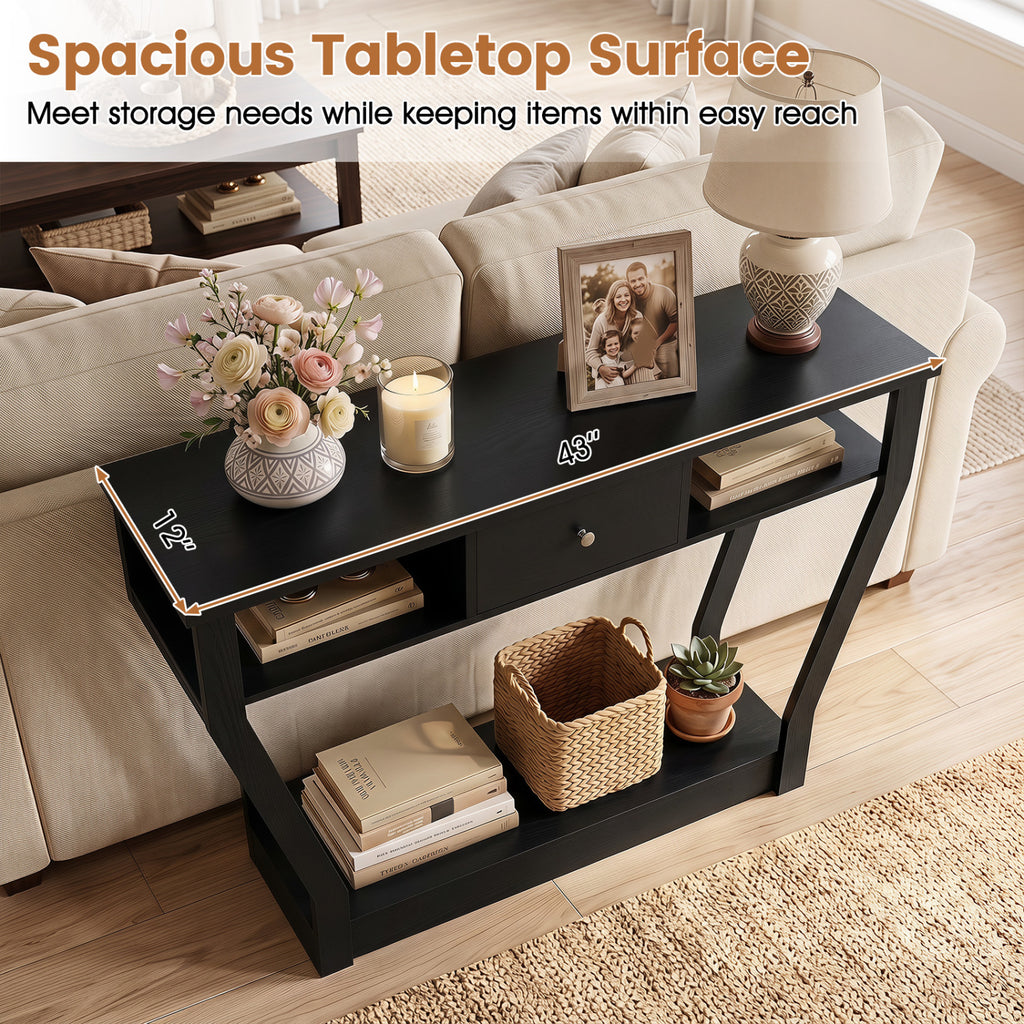 Console Hall Table with Storage Drawer and Shelf - Black