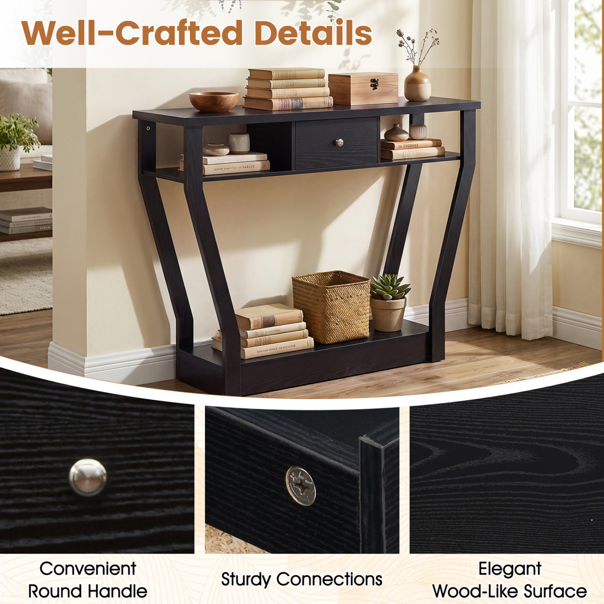 Console Hall Table with Storage Drawer and Shelf - Black