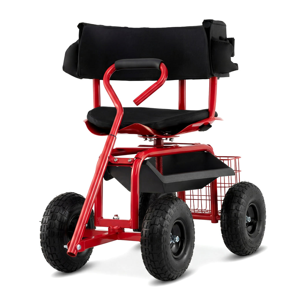 Cushioned Rolling Garden Cart Scooter with Storage Basket and Tool