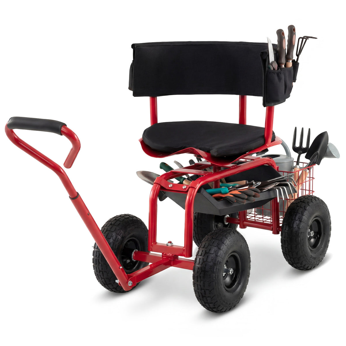 Cushioned Rolling Garden Cart Scooter with Storage Basket and Tool