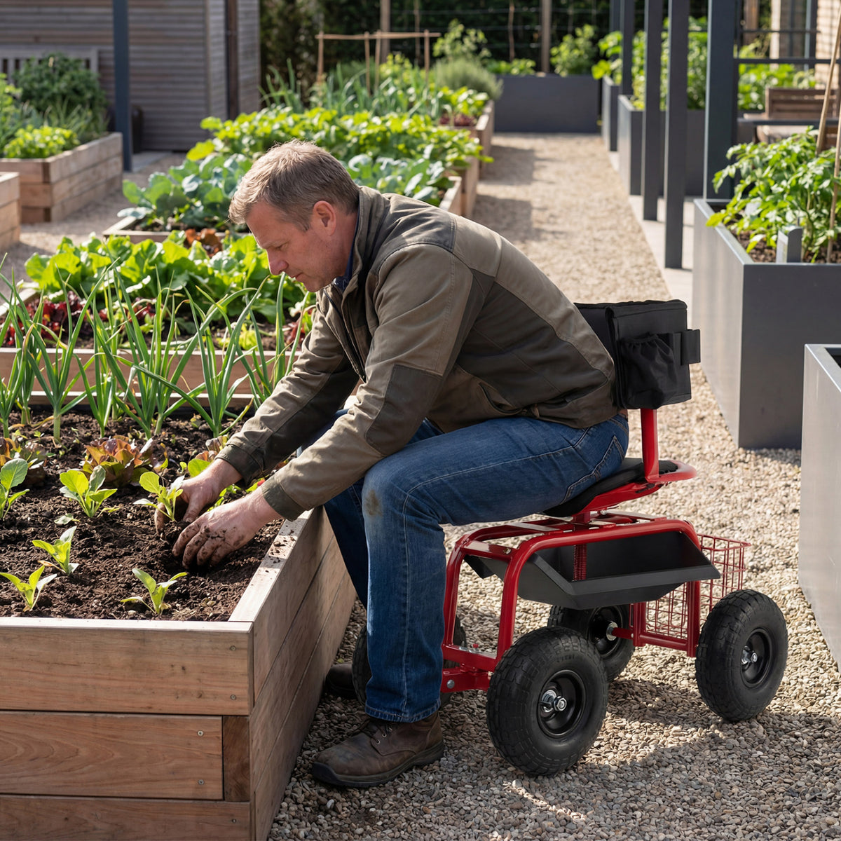 Cushioned Rolling Garden Cart Scooter with Storage Basket and Tool