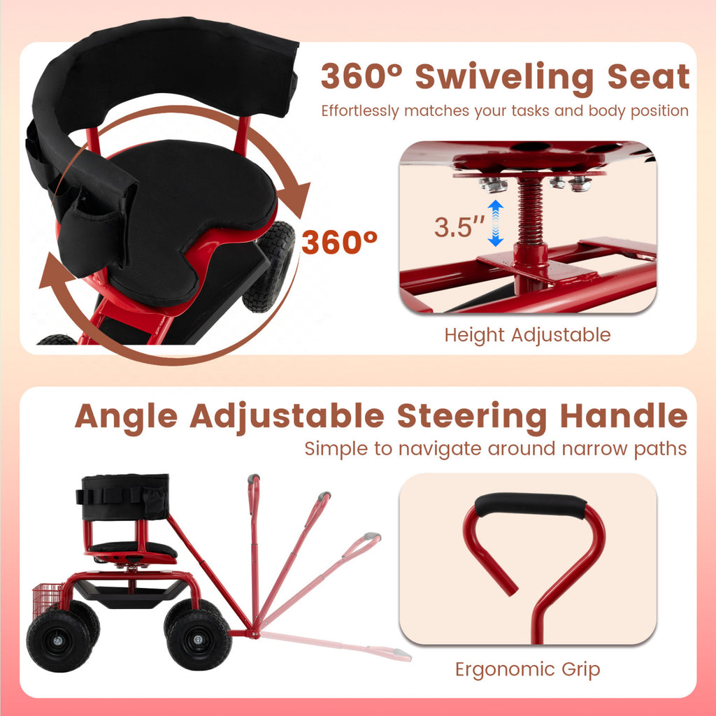 Cushioned Rolling Garden Cart Scooter with Storage Basket and Tool