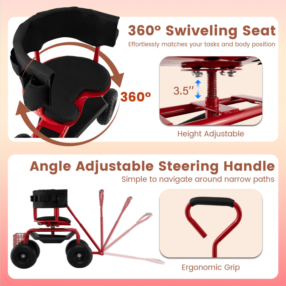 Cushioned Rolling Garden Cart Scooter with Storage Basket and Tool