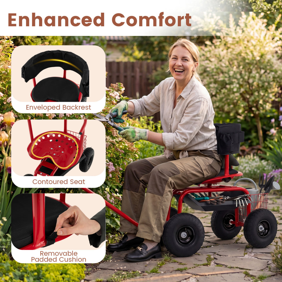 Cushioned Rolling Garden Cart Scooter with Storage Basket and Tool